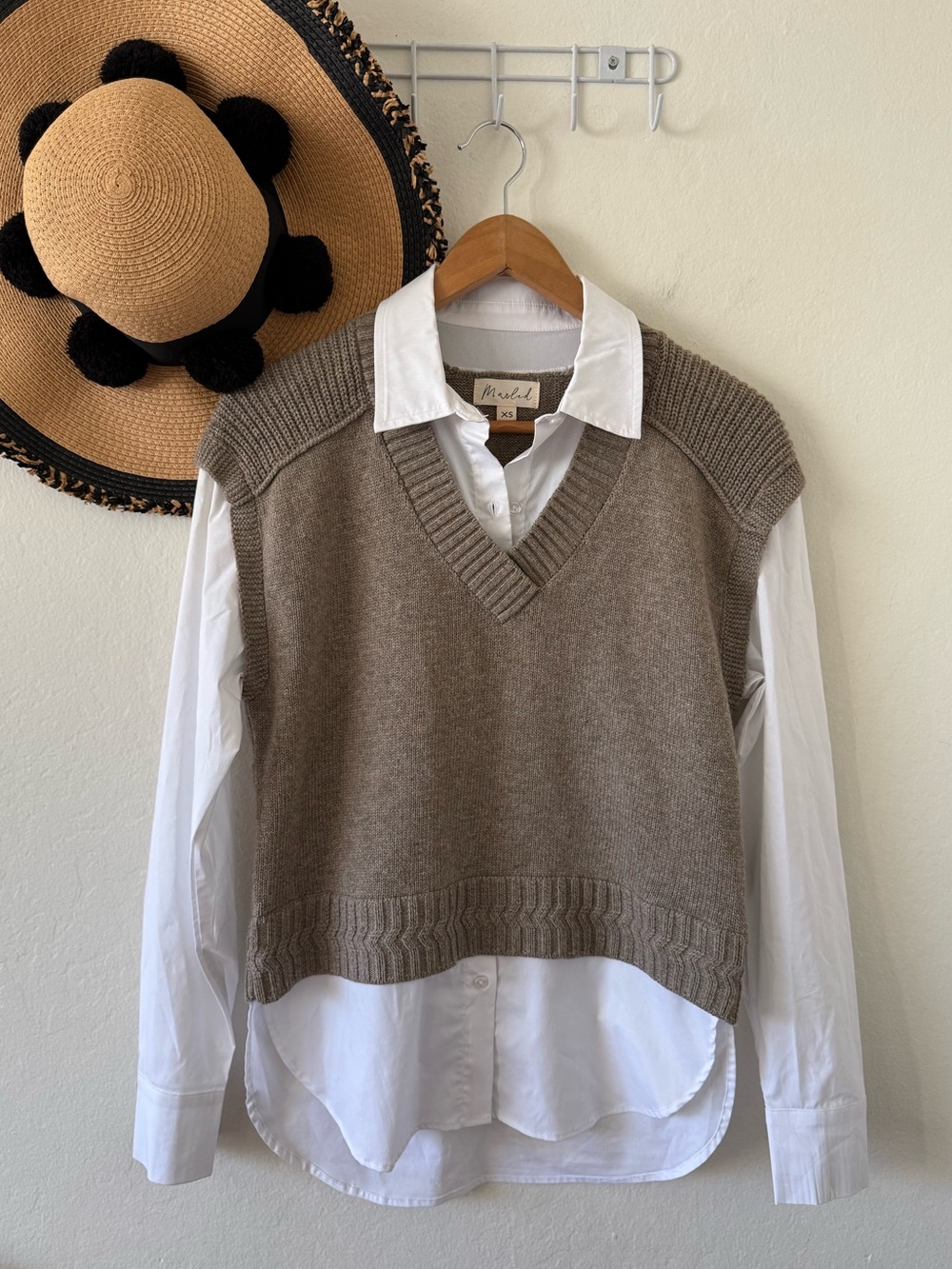 Marled Taupe Wool Blend Layered Sweater Vest Button Down Top Size XS